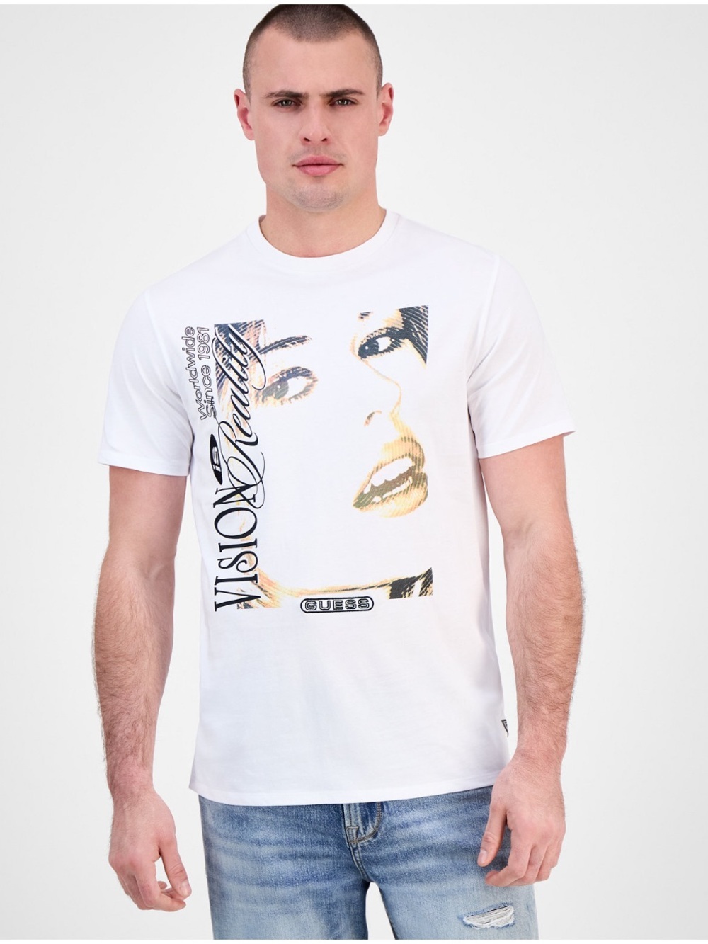 New Guess White Short-Sleeve Tee with Graphic Face Print